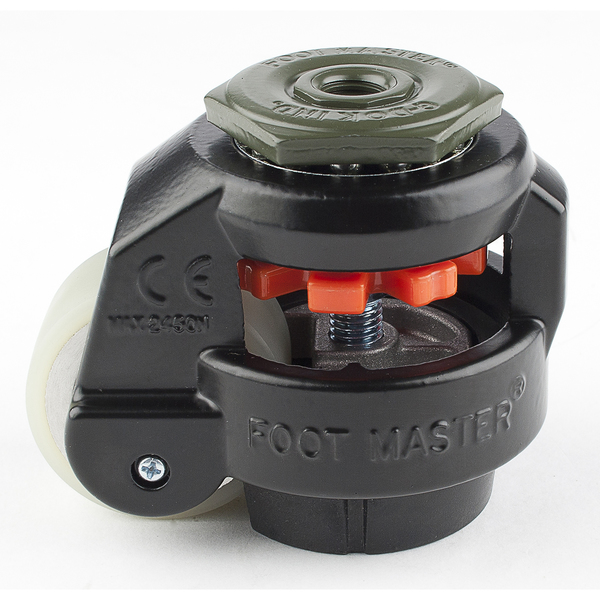 Foot Master Leveling Caster, 50 mm Polyurethane Wheel, 1/2-13 Stem, Swivel, 280 kg Cap, NBR Foot Pad, Black GD-60-S-HUP-FBL-1/2